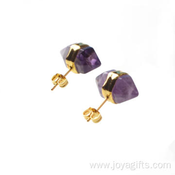 Amethyst Hexagonal Pyramid Beads Gilding Stud Earrings